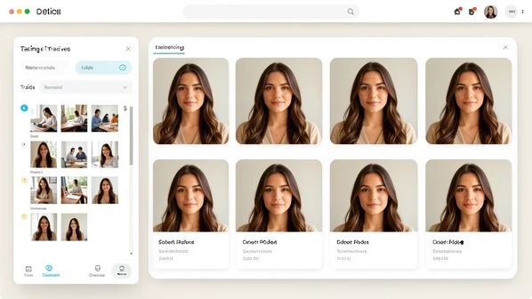 A browser-based creative dashboard showing a single AI-generated female influencer character repeated across six consistent portrait thumbnails, while a user drags a folder of reference photos into a training panel on the left. Set in a clean modern web interface with rounded cards and a soft neutral background. Fine facial details stay identical across every thumbnail. Soft diffused daylight from the upper left falls evenly across the screen, cool white interface tones with warm skin highlights on the portraits. Calm, focused, professional working atmosphere.