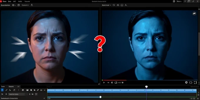 A split comparison screen showing on the left a static portrait photo of a person with subtle motion-blur arrows suggesting borrowed animation, and on the right a video timeline frame where the original face remains unchanged. A red question mark hovers between the two panels. Set against a dark editing interface with a scrubber bar at the bottom. Hard cool blue screen light from the front catches the glossy panels, with a faint warm glow on the portrait skin. Tense, slightly skeptical investigative mood.
