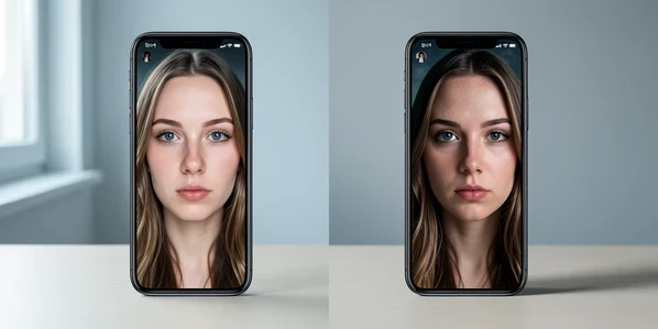 Split-screen smartphone comparison showing the same young woman's selfie face-swapped into an identical movie-hero frame, Reface result on the left half and Face.Swap result on the right half, each phone held upright against a plain neutral desk. The left frame shows cleaner blended edges around the jaw and hairline, the right frame shows slightly visible seams. Soft diffused daylight from a window on the left, cool neutral white balance, gentle shadows falling rightward across the screens. Crisp editorial product-photography clarity.