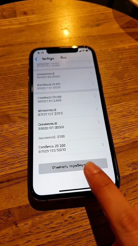 Close-up of a smartphone screen displaying a subscription cancellation menu buried inside a phone's system store settings, a user's thumb hovering near a small grey 'Отменить подписку' button placed low on the screen below a list of billing dates. The phone rests on a wooden cafe table. Warm tungsten light from above, slightly harsh, casting a soft reflection on the glass and a short shadow under the device. Realistic candid mobile-photography feel.