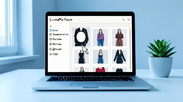 A laptop screen showing the LoonaPix Facer template gallery, with a vertical category list on the left reading Кино, Знаменитости, Костюмы, Детские, Спорт and a cursor hovering over a costume template thumbnail with an empty face cutout. The scene sits on a clean white desk beside a small plant. Soft cool daylight enters from a window on the left, falling evenly across the matte screen and casting a faint shadow under the laptop. Calm, focused everyday workspace mood.