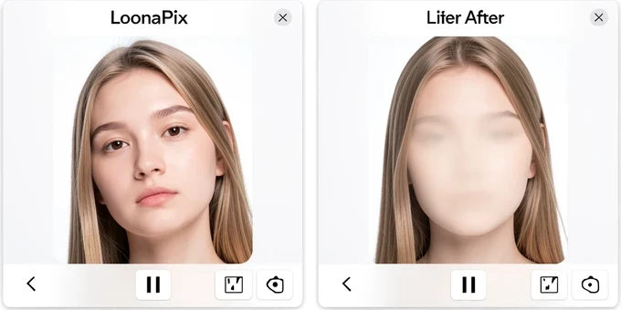Two side-by-side phone-style preview panels of the same LoonaPix template: on the left a face tilted the wrong way and misaligned with the model, on the right the same face after mirroring, now fitting the empty cutout cleanly. A small toolbar shows zoom and mirror icons. Bright soft studio light from above front, neutral and even, with gentle shadows that keep both panels equally readable. Clean instructional before-and-after mood.