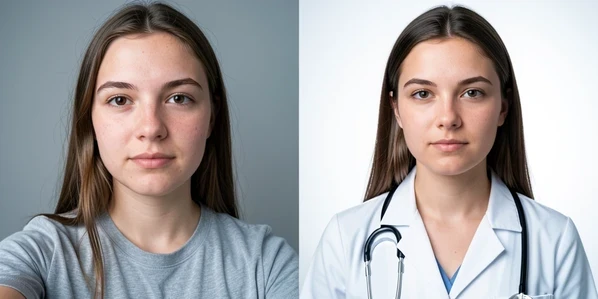 A split before-and-after portrait of the same young woman, plain casual selfie on the left and a polished doctor portrait on the right where her own facial features stay clearly recognizable under a white medical coat. Setting is a clean studio backdrop fading from neutral grey to soft white. Details include a stethoscope, natural skin texture and matching skin tone across both halves. Lighting is soft and frontal from a large window-style source, slightly cool and even, falling gently on the face with no harsh shadows. Calm, documentary, trustworthy mood.