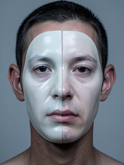 A close-up portrait showing a failed face swap where the pasted face looks like a plastic mask, with a visible mismatch line between the lighter face and the darker neck and a faint seam along the hairline. Setting is a neutral grey studio background. Details include slightly waxy skin, a hard edge along the jaw and one subtly distorted ear. Lighting is flat and frontal, cool in temperature, deliberately revealing the tone mismatch across the seam. Clinical, instructive, slightly uncanny mood.