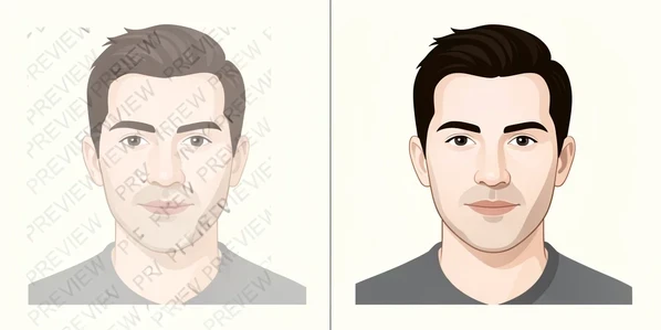 Two identical stylized portraits of the same man placed side by side, the left one covered by a faint diagonal repeating watermark pattern reading "PREVIEW" in light grey, the right one clean and crisp with no overlay. A thin vertical divider line separates them. Plain off-white background. Even soft studio light from the front, neutral daylight temperature, no harsh shadows so the watermark difference is the only thing the eye catches. Clear, comparative, no-nonsense atmosphere.