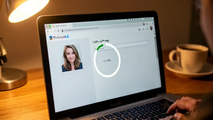 A laptop screen close-up showing the Photostylelab interface mid-conversion, an uploaded selfie thumbnail on the left and a text field labeled "Additional Prompt" being typed into on the right. A circular progress spinner sits over the preview area with small text "up to 60s". Shot on a wooden desk with a coffee cup blurred in the background. Warm tungsten desk lamp light from the upper left, soft and slightly golden, glinting off the screen edge. Focused, hands-on working atmosphere.