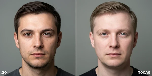 A side-by-side before-and-after comparison of one face swap, left frame showing a sharp DSLR portrait of a man, right frame showing the bot output where the swapped face looks softened and slightly unlike the original, hairline rendered incorrectly. Set against a plain studio backdrop in muted tones. A thin vertical divider splits the two frames, small Russian labels read "до" and "после" in the corners. Lit by soft frontal studio light, neutral white temperature, even fall across both faces with gentle shadow under the jaw. Analytical honest mood.