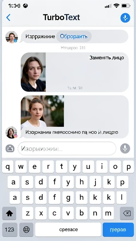 A smartphone screen displaying the TurboText Telegram bot chat, a user tapping through the action menu path from Изображения to Обработать to Заменить лицо, with two uploaded portrait photos stacked in the message thread above the keyboard. Set inside a messaging interface with clean rounded chat bubbles in soft grey and blue. Crisp UI labels in Russian, a thin caption field showing typed parameters under the second photo. Lit by even diffuse screen glow, cool neutral temperature, light falling flat across the flat interface. Calm focused workspace mood.