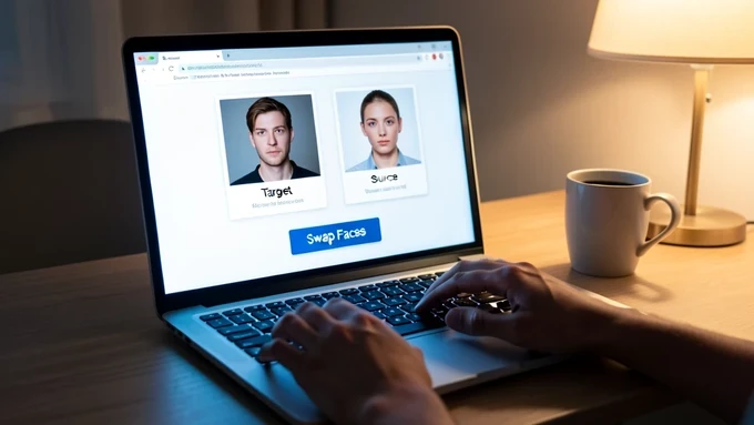 A laptop screen displays a face swap web tool with two upload slots, the left slot labeled target holding a portrait of a person, the right slot labeled source holding a different clear frontal face, and a prominent Swap Faces button below. Hands rest on the keyboard mid-task. A tidy home desk with a coffee mug nearby. Warm soft lamplight from the right mixes with cool screen glow on the keys, gentle shadows, focused everyday atmosphere.