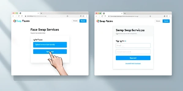 Two browser windows sit side by side comparing face swap services, the left window showing a bright blue Swap Faces button that opens an upload area directly, the right window showing the same button redirecting to a sign-up form with email and password fields. A user cursor hovers over the left button. Clean modern web interfaces on a neutral desktop. Soft cool daylight from the upper left falls evenly across both screens, low glare, crisp readable UI, calm and informative atmosphere.