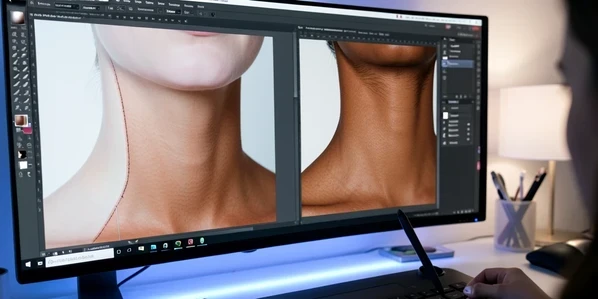 Close-up of a retoucher's screen showing a portrait's neck area, left side has a harsh visible seam and color mismatch between a pale swapped head and a tanned neck, right side shows the same neck after manual blending with matched skin tone and a soft hairline. A graphics tablet pen hovers over the seam. Cool monitor glow lights the desk, neutral white interface, focused late-evening workspace atmosphere.