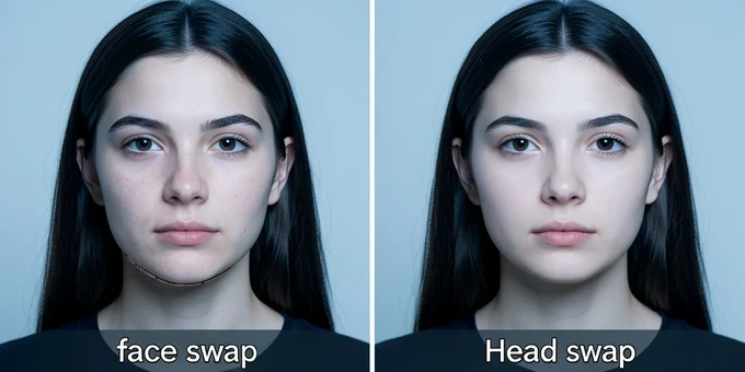 Split-frame comparison of one portrait processed two ways, left labeled "face swap" with a new face pasted onto unchanged dark hair and a visible seam at the jaw, right labeled "head swap" with the entire head replaced including matching hairline and neck. A young woman faces the camera in a plain studio setting, identical pose in both halves. Soft frontal key light, neutral cool temperature, even shadows reveal the seam on the left and the clean blend on the right. Clinical, instructional mood.