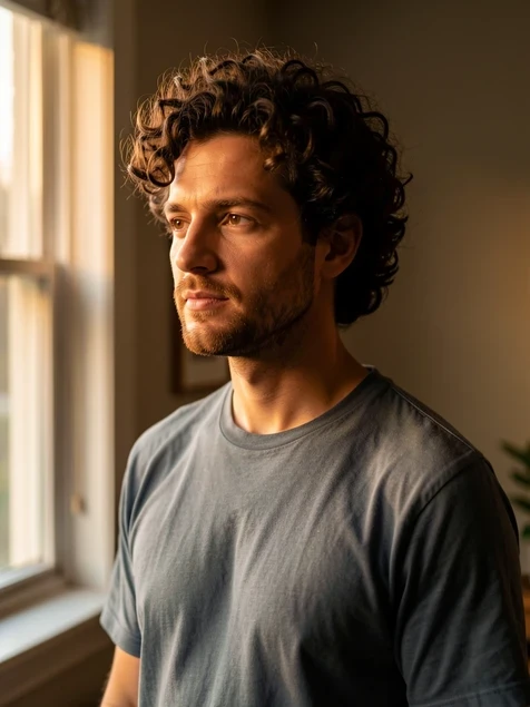 A man's portrait where the entire head has been swapped onto his body, the new head keeping its own curly hairstyle, skull contour and matching neck tone that blends seamlessly into the shirt collar. He stands in a casual indoor room, three-quarter angle, looking slightly off camera. Warm soft window light from the left wraps around the cheek and hairline, gentle falloff into shadow on the right. Realistic, reassuring editorial mood.