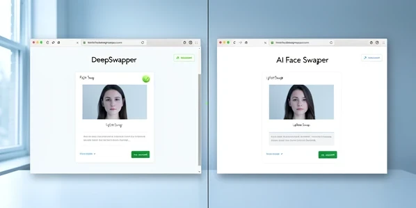 Two browser windows sit side by side on a clean desktop, the left labeled "DeepSwapper" and the right labeled "AI Face Swapper", each showing a face swap upload area with a sample portrait being processed. The split-screen layout faces the viewer head-on. Thin dividing line runs down the center, small green checkmark glows on the left window near a "no account" badge. Soft cool daylight from a window on the left falls evenly across both screens, low contrast, calm and neutral product-shot mood.