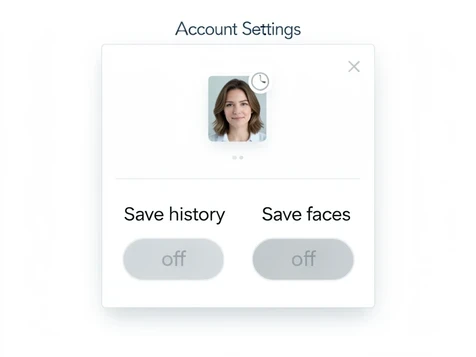 A close-up of an account settings panel showing two toggle switches labeled "Save history" and "Save faces", both flipped to the off position and dimmed grey. The panel faces the viewer flat-on, a small uploaded portrait thumbnail with a faint clock icon sits above the toggles. Crisp soft light from directly in front lights the interface evenly, white background, cool neutral temperature, focused and reassuring privacy-settings mood.