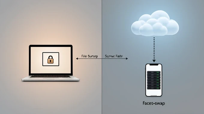 A split-scene diagram contrasting two data paths for a face-swap video: on the left a laptop with a small lock icon keeps the video file inside its own outline, on the right a phone sends the same file up a dotted arrow into a distant cloud server rack. Set on a clean slate-grey surface with thin labelled paths. Soft diffuse overhead studio light, neutral and shadowless, with a slightly warmer glow on the secure left side and a cooler tint on the cloud side. Calm, explanatory mood.
