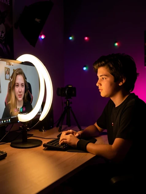 A young streamer seated at a desk facing a ring light and webcam, their broadcast face on the monitor subtly altered into a different person in real time while their actual profile stays visible at the edge of frame. Set in a dim home studio with a soft-box and scattered RGB accents on the wall behind. Warm key light from the ring lamp wraps the face frontally and softly, cool magenta rim light from behind separates the head from the dark wall. Focused, late-evening creator atmosphere.