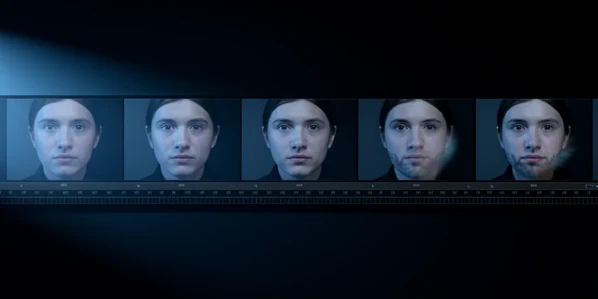 A horizontal filmstrip of six consecutive video frames showing the same swapped human face, with the left three frames stable and aligned while the right three drift and ghost at the jaw and hairline to show inter-frame flicker. Set against a dark editing-suite background with a faint timeline ruler beneath the frames. Cool blue monitor light rakes across the strip from the left, soft and even, throwing gentle shadows under each frame edge. Clinical, technical mood.
