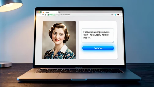 A laptop screen close-up showing the Pollo AI photo-to-video interface in a browser. Left side displays the uploaded restored portrait of a young woman in 1950s style. Right side shows a text prompt field filled with the Russian phrase about light smile, gentle blinking, slight head turn. A blue Generate button glows below. Soft cool desktop lamp light from the upper left, slightly warm screen glow, dark wood desk surface. Style: clean tech editorial. Mood: focused, modern.