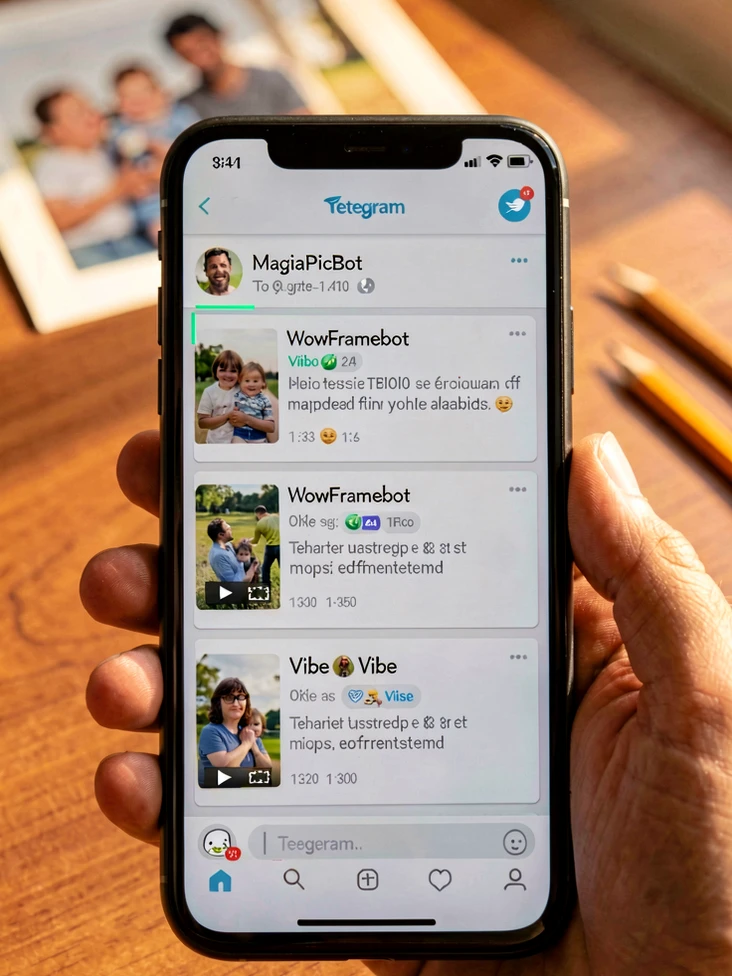 A smartphone held in a hand displaying the Telegram chat list with three bot conversations highlighted: MagiaPicBot, WowFramebot, and a Vibe-themed bot, each showing recent photo thumbnails and a short MP4 video preview. Background blurred warm wooden desk with a printed family photo and a pencil. Soft window light from the right, warm afternoon temperature, gentle shadow on the device. Style: documentary product photography. Mood: practical, calm.