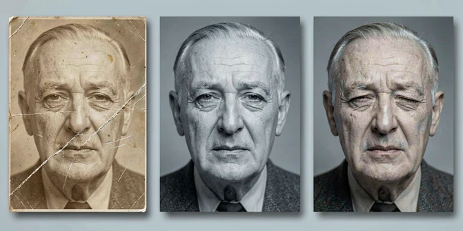 Three vertical photo panels in a clean horizontal row showing the same elderly man's portrait from the 1940s. The left panel shows the original damaged scan with a diagonal crease, faded sepia tones, and visible scratches across the cheek. The middle panel shows the restored version, sharp grayscale, clean skin texture, balanced contrast. The right panel shows a single video frame with the same face mid-blink, eyes softening. Soft diffused studio light from above-left, neutral cool gray background, subtle drop shadow under each panel. Style: archival editorial documentary. Mood: respectful, restorative.