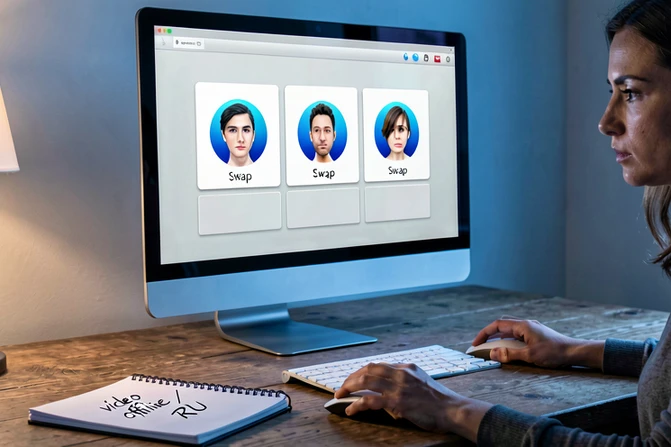 A focused woman in her early thirties sitting at a wooden desk, looking at a 27-inch monitor that displays a comparison grid of five face-swap software icons arranged in a row. Her right hand rests on a wireless mouse, left hand near a notebook with handwritten notes "video / offline / RU". Warm desk lamp on the left, cool window light on the right, balanced mixed lighting on her face, soft shadows across the desk surface. Style: editorial workspace photography. Mood: thoughtful, decision-making.