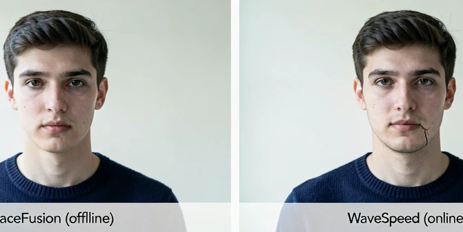 Two photographic portraits placed side by side on a clean off-white studio background, both showing the same young man in a navy sweater after face swap. Left frame labeled "FaceFusion (offline)" in small black sans-serif, right frame labeled "WaveSpeed (online)". Soft north-window daylight from upper left, slightly cool color temperature, gentle shadow under the chin revealing a faint blending seam on the right portrait. Crisp eyes, realistic skin texture, no oversharpening. Style: editorial tech review photography. Mood: neutral, evaluative.