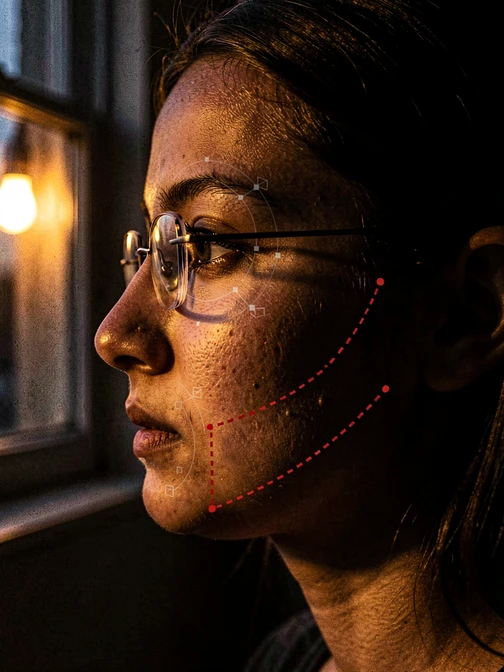 A side profile shot of a young woman wearing thin glasses, the right side of her face shown in low evening light with one half in deep warm shadow, a faint translucent overlay highlighting failed face landmark detection points missing on the hidden eye and nose tip, a subtle red dotted line marking distorted jaw geometry. Warm tungsten light from a single window source on the left, harsh contrast, gritty texture on skin. Style: documentary editorial close-up. Mood: cautionary, analytical.