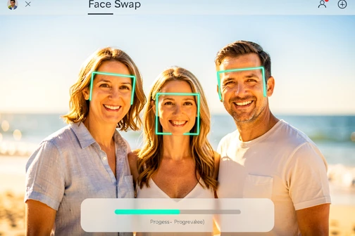 A family group photograph being processed in a face swap interface, three people standing close together at a sunny beach, all three faces highlighted with subtle thin neon teal detection rectangles, a soft progress indicator overlay near the bottom edge, the original picture clearly readable behind the overlay. Bright natural midday sunlight from above, warm golden tones on skin, gentle blue sky bokeh in the background. Style: clean product UI demonstration over a real photo. Mood: confident, technical, friendly.