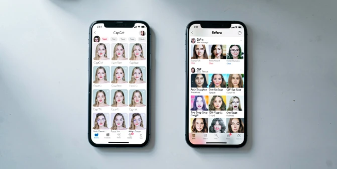Two smartphones lying side by side on a clean light grey desk surface, the left phone showing the CapCut face replace template gallery with rows of preview thumbnails, the right phone showing the Reface app with a vertical feed of GIF face swap templates, both screens lit and active. Soft diffuse daylight from the upper left, gentle cool white temperature, subtle shadows under each device. Style: editorial product flat lay. Mood: clean, comparative, practical.