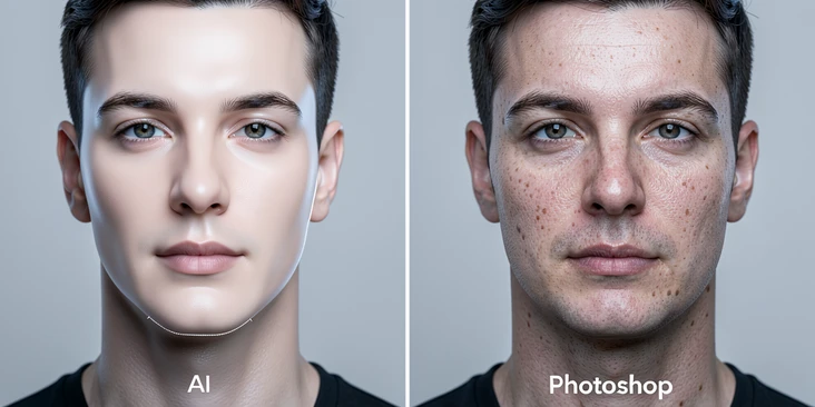 A horizontal before-and-after split of the same male portrait. Left side labeled in small white text "AI" shows the face after a neural face swap with overly smooth, plastic-looking skin, slightly off-tone neck, and a faint blending seam along the jawline. Right side labeled "Photoshop" shows the same face after manual retouch with visible natural skin pores, even tone across face and neck, and an invisible jawline transition. Setting: neutral light grey studio background. Lighting is soft frontal beauty light, cool temperature, gentle falloff on the cheeks. Style: high-resolution retouching demonstration. Mood: technical, analytical.