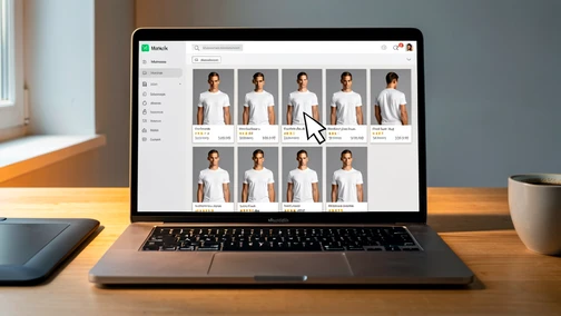 A flat lay of an e-commerce marketplace interface on a laptop screen displaying a 4 by 3 grid of product photos featuring fashion models wearing identical white t-shirts, each model shown from chest up against a soft grey backdrop. A cursor hovers over one product card mid-update. Setting: a tidy designer workspace with a graphics tablet and a coffee cup partially in frame. Lighting is soft daylight from a window on the left, warm temperature on the desk surface, cooler tone on the screen. Style: realistic editorial product photograph. Mood: efficient, modern.