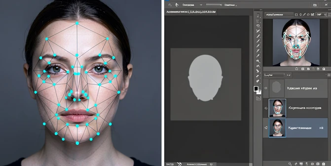 Side-by-side comparison diagram split vertically. Left half shows a frontal portrait photograph with 68 small bright cyan dots marking facial landmarks: corners of the eyes, tip of the nose, lip contour, jawline, with thin connecting lines forming a wireframe mesh over the face. Right half shows the same portrait inside a Photoshop-style interface with three visible layer thumbnails on the right side labeled in Russian, a pen-tool selection path traced around the face, and a soft layer mask thumbnail. Background is neutral dark grey. Lighting is flat editorial studio light, cool temperature, no harsh shadows. Style: clean technical infographic. Mood: analytical, instructional.