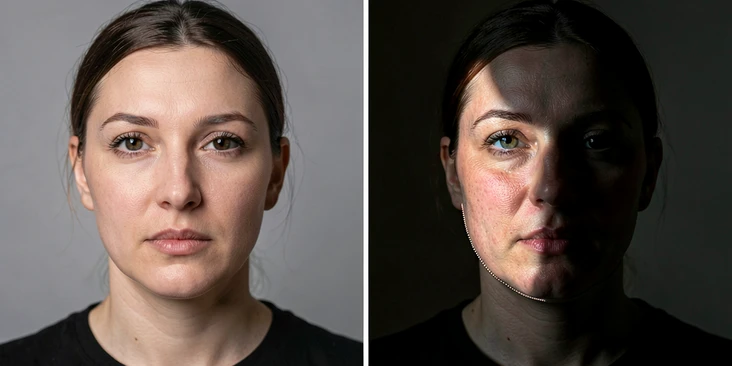 A side-by-side comparison panel of two face swap results from a face replacement tool. Left side: a clean studio portrait with soft frontal light, the swapped face blends naturally into the original photo with matching skin tone and sharp eye details. Right side: the same person photographed in a dim room with strong side shadow, the swapped face shows a visible seam along the jawline and slight color mismatch on the temple. Each panel labeled in Russian, clear contrast between the two halves. Style: editorial before-after photo. Mood: analytical, honest.