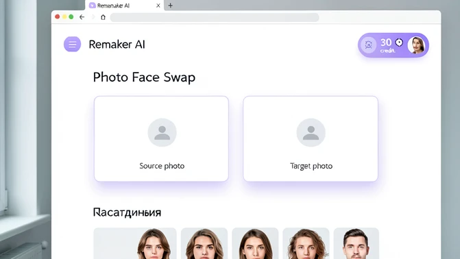 A clean web browser window showing the Remaker AI interface in Russian, displaying the Photo Face Swap section with two upload slots labeled source photo and target photo. Modern flat UI with soft purple accents, a credit counter showing 30 credits in the top right corner, sample face thumbnails along the bottom. Soft daylight from a window screen-left, cool neutral palette, subtle UI shadows. Style: editorial product screenshot. Mood: tidy, approachable.