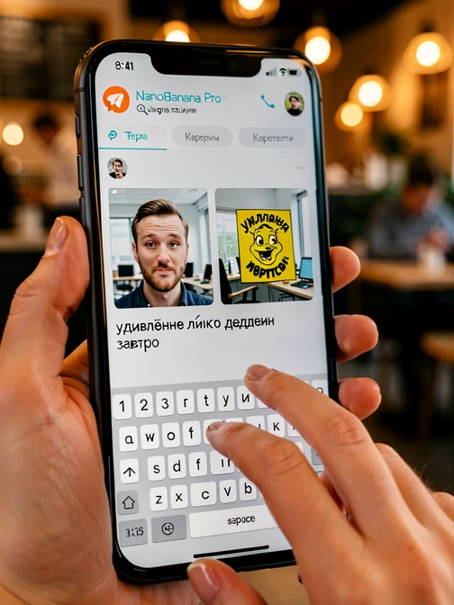 Крупный план смартфона в руке пользователя с открытым Telegram-ботом NanoBanana Pro. На экране видны два загруженных квадратных превью (портрет и шаблон мема) и набираемый промт на русском кириллицей: «удивлённое лицо, офис, текст: Когда дедлайн завтра». Палец печатает на экранной клавиатуре. Фон – размытый интерьер кафе с тёплыми огнями. Освещение мягкое, рассеянное, с тёплым подсветом от экрана на пальцах. Style: lifestyle phone photography. Mood: focused, contemporary.