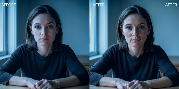 Side-by-side comparison frame split vertically down the middle, left half labeled "BEFORE" in small white sans-serif type top-left corner, right half labeled "AFTER" identical position, both halves showing the same medium-shot of a person at a desk facing the camera, the right-half face subtly different but with matching skin tone and shadow direction. Soft daylight from a window on the left, cool ambient room light, photographic editorial atmosphere, realistic skin texture rendering style.