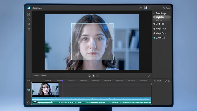 Wide screenshot of the HitPaw Edimakor desktop interface on a dark gray UI, multitrack timeline at the bottom holding a video clip and audio track, central preview window showing a person's face with a translucent rectangular AI Face Swap overlay marker, right-hand side panel labeled "AI Face Swap" listing options like "Single Face", "Multiple Faces", "Gender Swap". Soft cool studio lighting suggesting a clean office monitor, slight bluish glow from the screen, neutral atmosphere, modern editorial product-shot style.