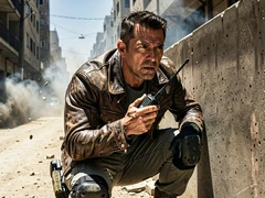 A rugged action hero in a worn leather jacket and tactical gear crouches behind a concrete barrier on a dusty urban street, one hand gripping a radio, eyes scanning the distance with focused intensity. Harsh midday sun from directly above casts deep shadows under the brow and jaw. Smoke and debris drift in the background. Style: action film production still. Mood: tense and gritty.