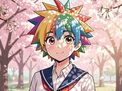 A character with large expressive eyes, colorful spiky hair, and a school uniform stands in a cherry-blossom park, petals drifting around them in a gentle breeze. Soft diffused spring sunlight filters through the blossoms, casting dappled pink-tinted light across the face and shoulders. Style: high-detail anime illustration rendered with clean linework and vibrant flat colors. Mood: cheerful and nostalgic.