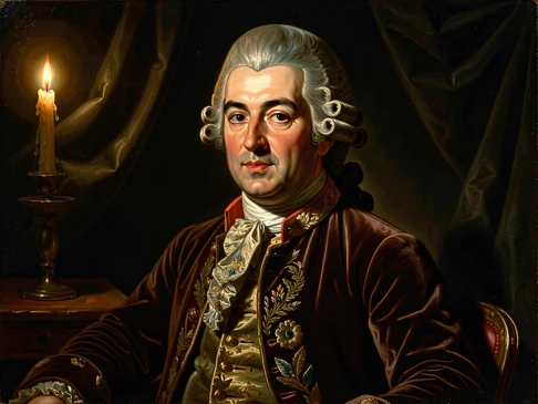 A formal painted portrait in the style of 18th-century European oil painting, showing a figure in a powdered wig and embroidered velvet coat seated before a dark draped background, illuminated by a single warm candle source from the upper left that models the face with rich chiaroscuro. Style: Old Masters portrait painting. Mood: stately and dramatic.