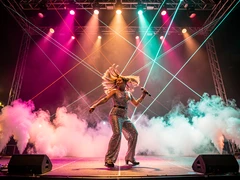A pop performer in a glittering stage costume dances under a cascade of colorful stage lights on a large concert stage, microphone in hand, mid-spin with hair flying. Smoke machines fill the lower stage with haze, and laser beams cut through the air above. Warm magenta and cyan spotlights cross on the figure. Style: music video production still. Mood: electric and euphoric.