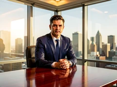 A confident professional in a tailored navy suit sits at a polished mahogany desk in a modern corner office, hands folded, looking directly at the camera with a composed expression. Floor-to-ceiling windows behind reveal a sunlit city skyline. Soft diffused daylight from the left blends with warm overhead office lighting, casting gentle shadows on the face. Style: corporate editorial photography. Mood: authoritative and polished.