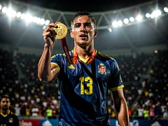 An athlete in a national team jersey stands on a podium holding a gold medal up to the camera, stadium crowd blurred in the background under bright arena floodlights. Sweat glistens on the skin, jersey number clearly visible. Hard directional lighting from above creates dramatic shadows across the shoulders. Style: sports photojournalism. Mood: triumphant and energetic.
