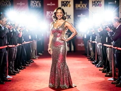 A glamorous figure in a floor-length sequined gown stands on a red carpet lined with press photographers, one hand resting on a hip, smiling broadly at the camera. Bright white camera flashes illuminate the scene from multiple angles, creating a high-contrast celebrity atmosphere. Bokeh of event banners softens the background. Style: entertainment magazine photography. Mood: celebratory and luminous.