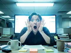 A person sitting at a cluttered office desk reacts with exaggerated wide eyes and an open mouth of surprise, both hands raised beside their face, a glowing monitor screen visible behind them. Harsh cool-white fluorescent overhead lighting creates a slightly comedic, overexposed look. Coffee mug and sticky notes visible on the desk. Style: candid office comedy photography. Mood: humorous and relatable.