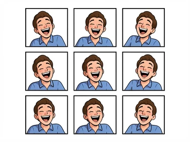 A grid of nine small square frames arranged three-by-three on a white background, each showing a slightly different moment of a laughing person, creating the impression of a looping animated sequence. Flat even studio lighting keeps all frames tonally consistent. Style: graphic design layout for animation preview. Mood: playful and lively.
